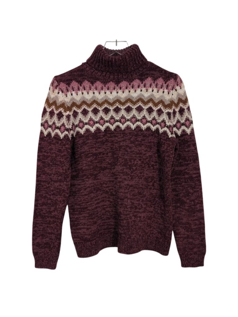 Lands End Fair Isle Turtleneck Sweater Womens Size Small Pink Wool Blend Cottage